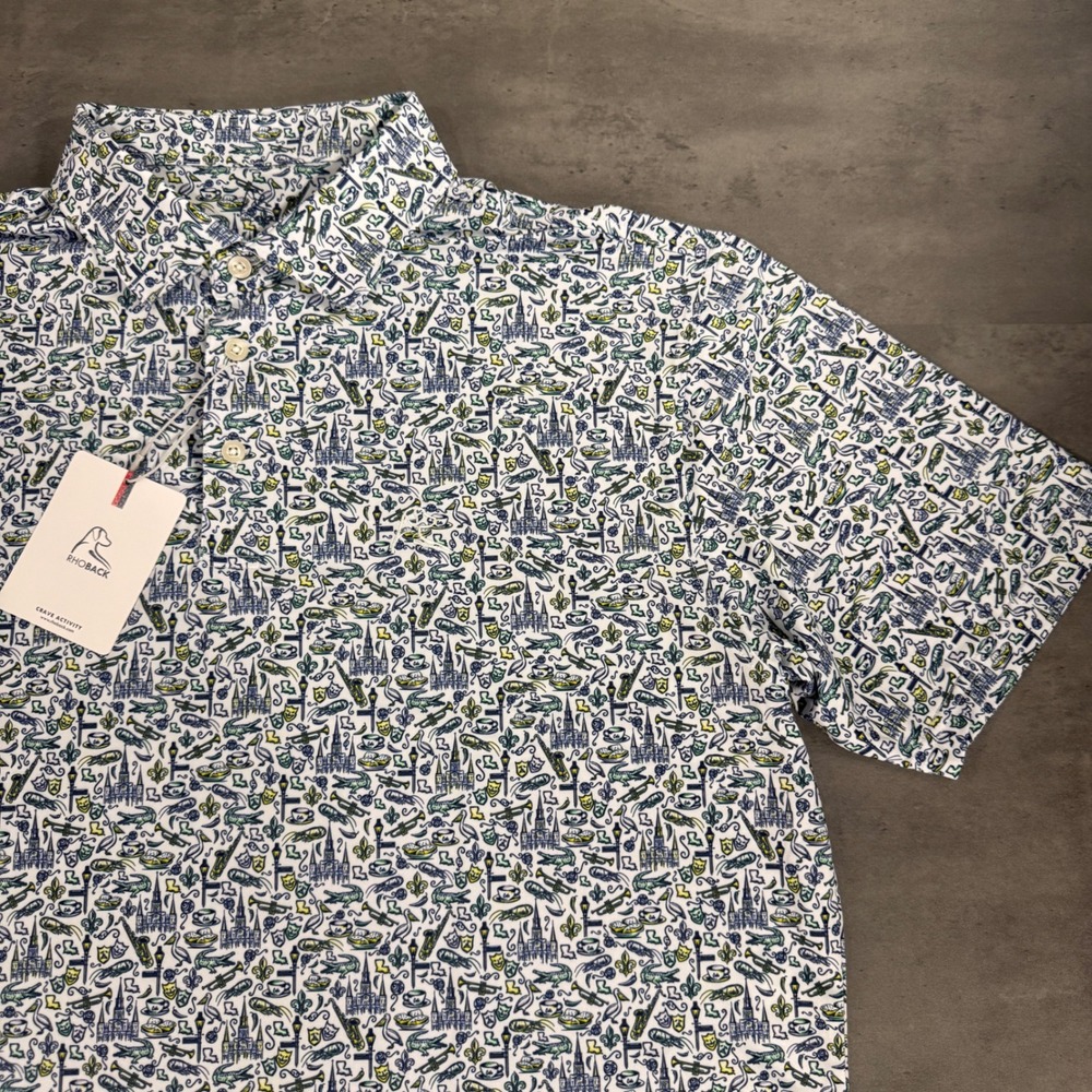 Rhoback The Quarter Polo Mens XL White New Orleans Print Performance Shirt NOLA - Picture 2 of 9